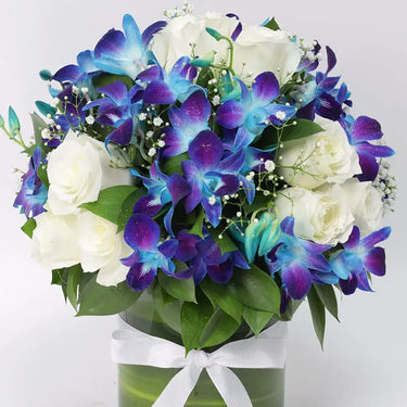 White Roses and Blue Orchids Arrangement